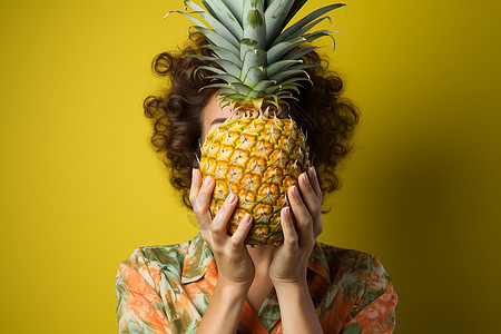 用菠萝遮住脸的女子背景图片