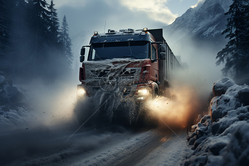 雪地道路上的大货车图片