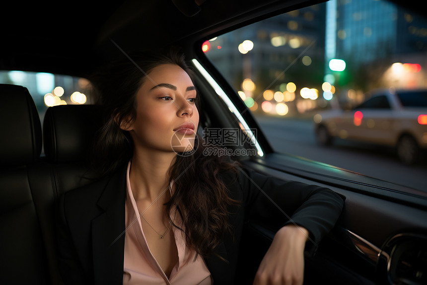 夜晚街景车窗中的年轻商务女性图片