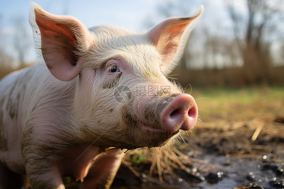 小猪在泥泞的田野中图片