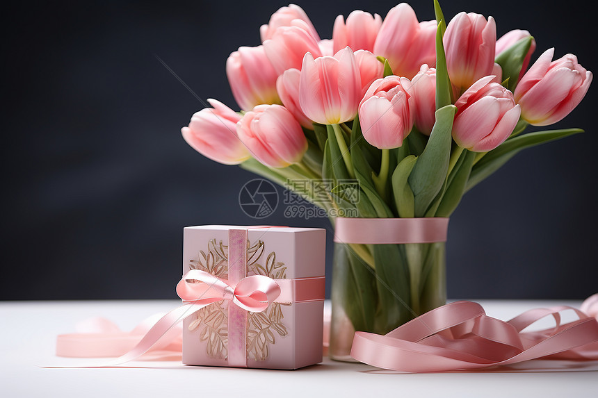 丝带包装的郁金香花束和礼物图片