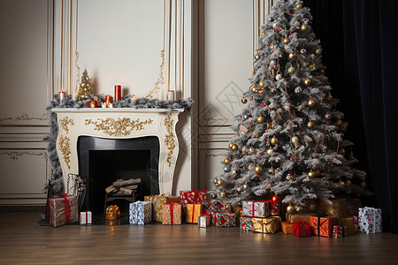 房屋中的圣诞树和礼品图片
