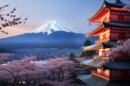 樱花绽放下的富士山图片