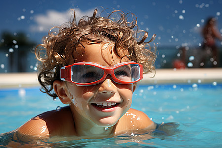 夏季户外泳池中游泳的男孩图片