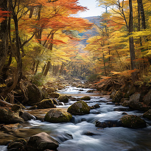 秋季林中流淌的小溪图片