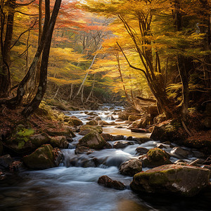 秋季树林中静谧的溪流图片