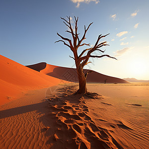 阳光下沙漠中的大树图片