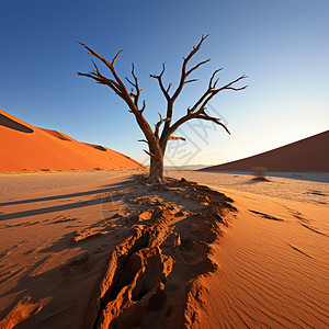 广阔沙漠中的枯树图片