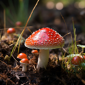 林中生长的红色蘑菇图片