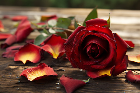 桌面上散落的玫瑰花瓣图片