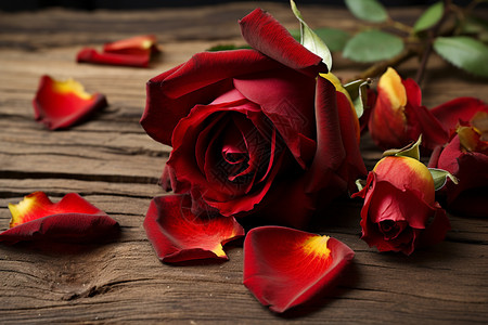木桌上凋谢的玫瑰花图片