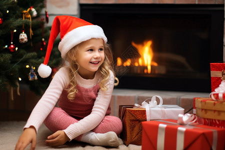 圣诞节礼物旁的小女孩背景图片