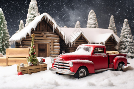 雪麻绳木冬季木屋前的老式汽车设计图片