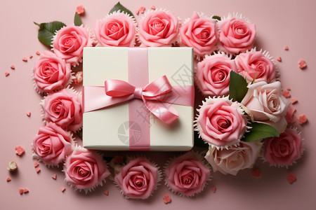 鲜花包围的浪漫礼盒图片
