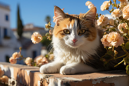 鲜花和猫阳台上晒太阳的猫背景