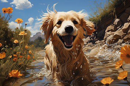 嬉戏玩水的小狗图片