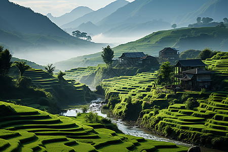 夏季山谷梯田的美丽景观图片