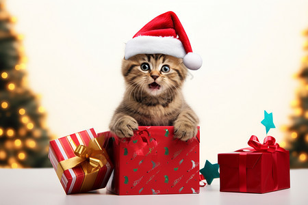 圣诞礼物旁乖巧的小猫图片