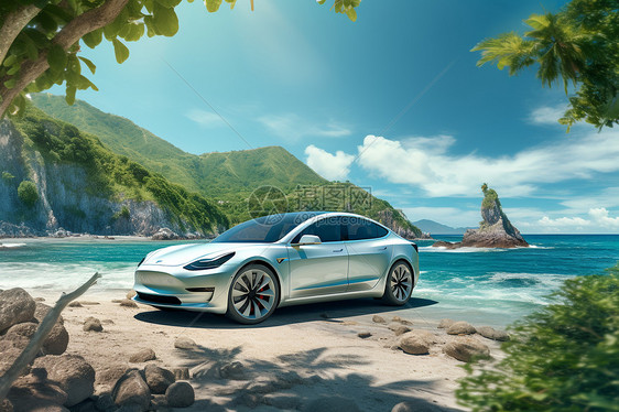 海滩边的电动汽车图片