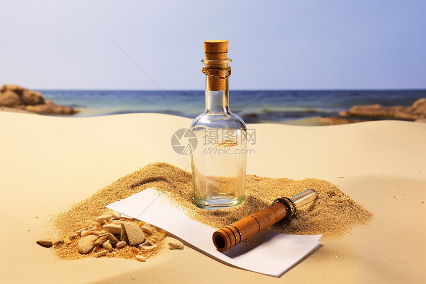海滩上沟通的瓶子图片