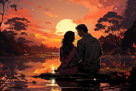 看电视的夫妻夕阳湖畔的情侣插画