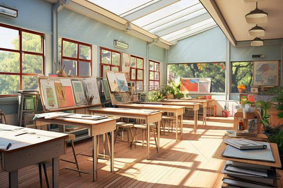 阳光照耀的宽敞教室图片