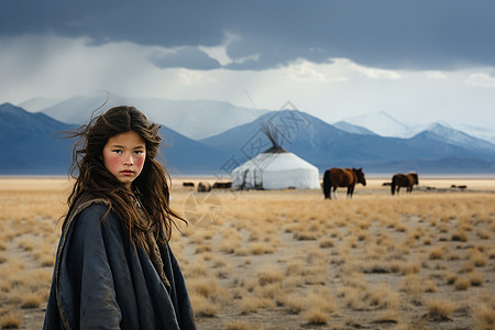 草原上放牧的女人图片