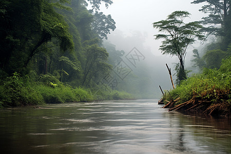 烟雾森林烟雾腾腾的河边葱郁的森林东南亚的热带雨林背景