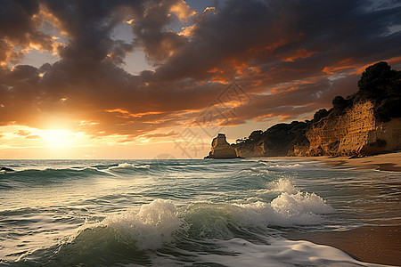 夕阳下的海浪峭壁图片