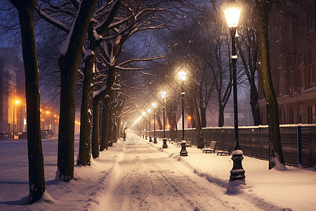 夜幕下白雪覆盖的城市景观图片