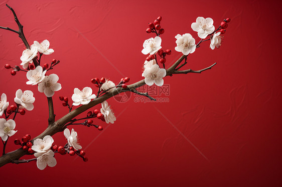树枝纷飞墙红花白图片