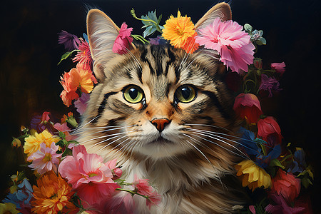 被鲜花簇拥的猫咪图片
