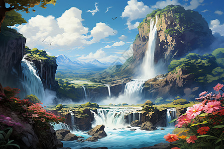 仙境般的瀑布景观高清图片