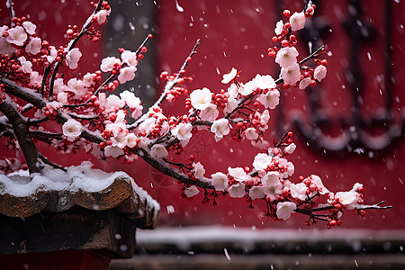 冬至风景梅花飘雪的风景背景