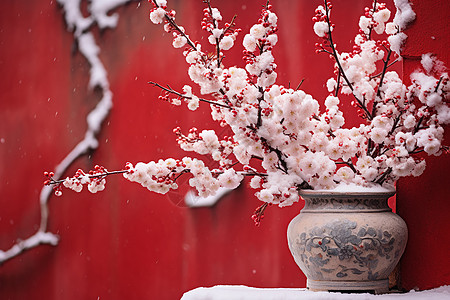 枝繁雪压红墙图片