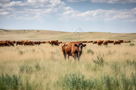 乡村田野上放牧的牛群图片
