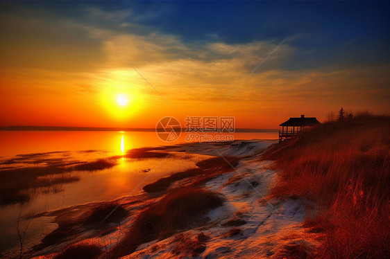 夏季日落的海滩风景图片
