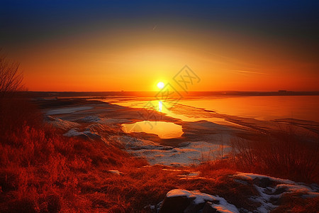 落日余晖的北戴河沙滩景观图片