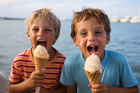 夏季海滩上吃冰淇淋的男孩图片