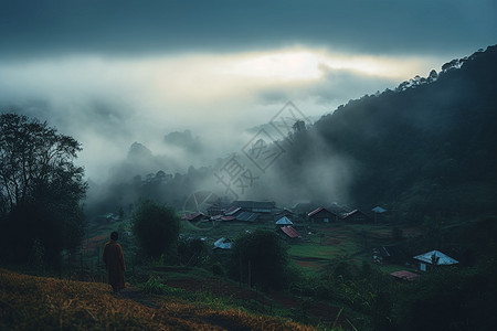 薄雾弥漫的山中村庄图片