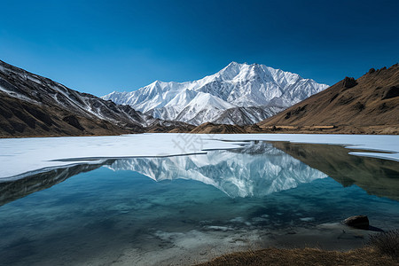 雪山脚下静谧的湖泊图片