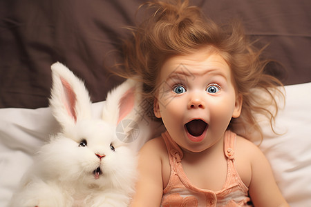 可爱的小婴儿和兔子玩偶图片