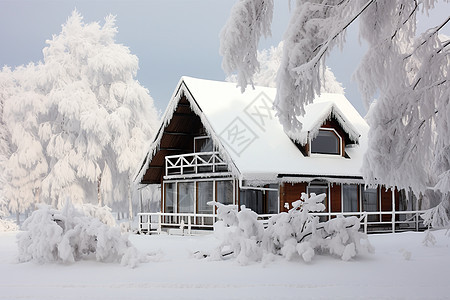 白雪皑皑的冬季森林木屋图片