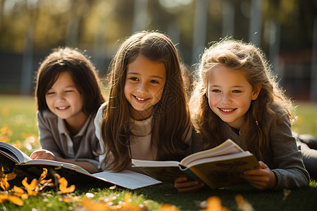 草地上愉快看书的女孩们图片