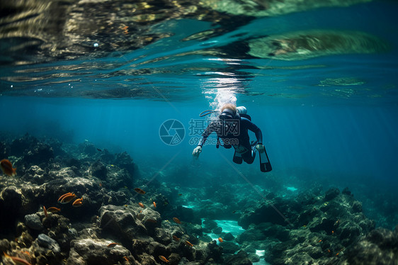 清澈海面下的浮潜运动图片
