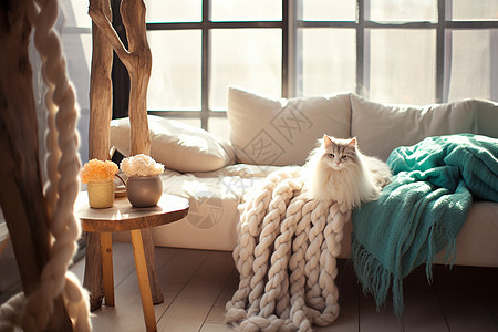 冬季窗边沙发上的小猫图片
