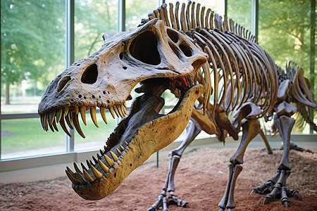 展厅中巨大的恐龙化石背景图片