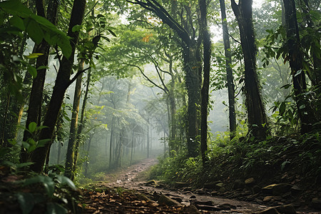 夏季雾气弥漫的森林小路图片