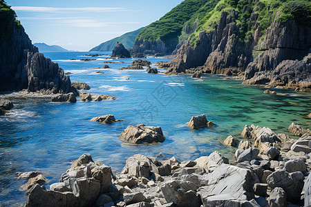 蓝天下的岩石海滩图片