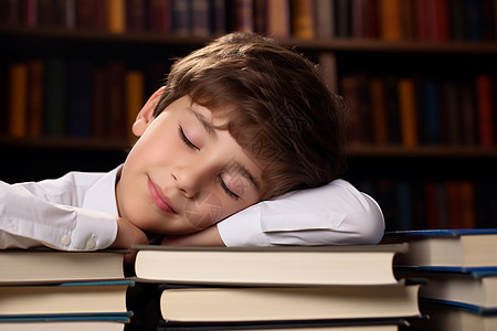 睡在书上的小男孩图片